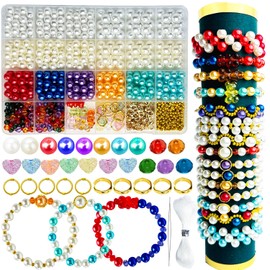 GREFIYAS Craft Bead Set for Threading, Colourful Beads for Bracelets, 8 mm / 10 mm White Beads, 6 Colours, 8 mm Craft Beads, Gold Beads, Bracelet Set Make Yourself, Jewellery Beads Children Adults