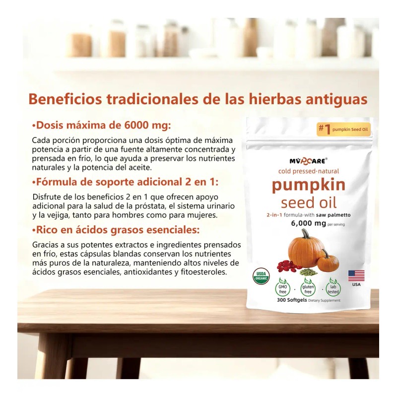 Mvpcare Cápsulas Aceite Calabaza 6000mg 300 Blandas Prensado Frío Virgen