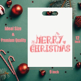 MeFacys Christmas Gift Bags 50 Pcs 9x12 Inch Xmas Shopping bags for Boutique, Plastic White Pink Retail Bags with Merry Christmas Pattern for Wrapping Holiday Presents Party Favor Bags