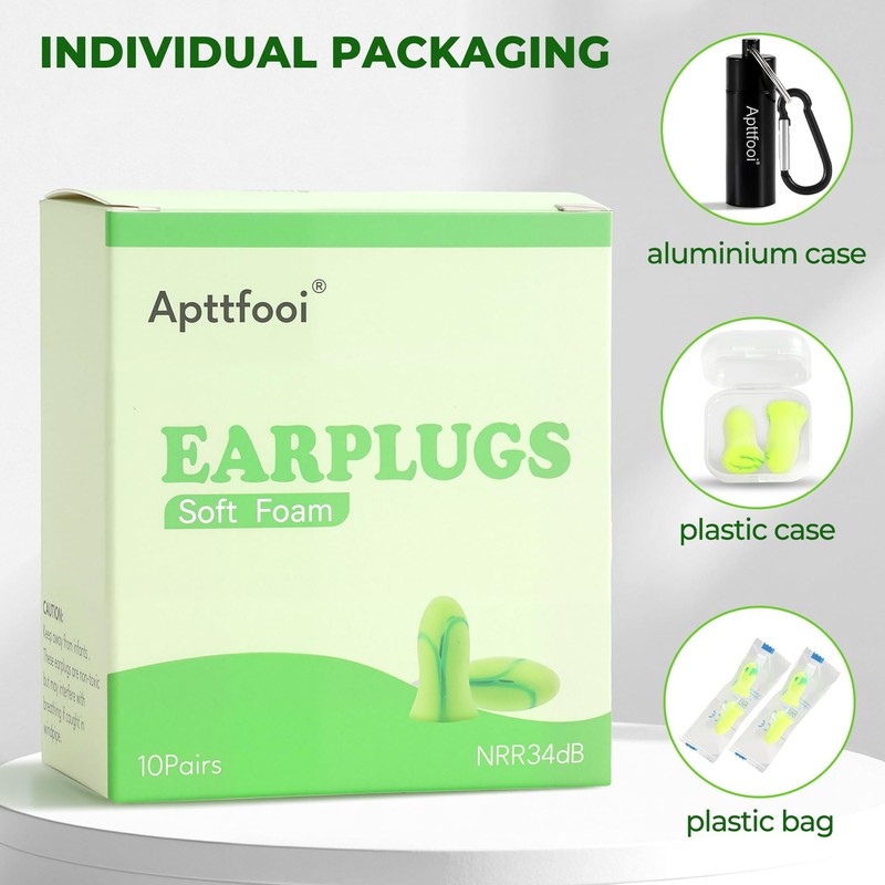 10 Pair Soft Foam Earplugs,34dB Highest NRR, Noise Cancelling，Individually Wrapped,Reusable