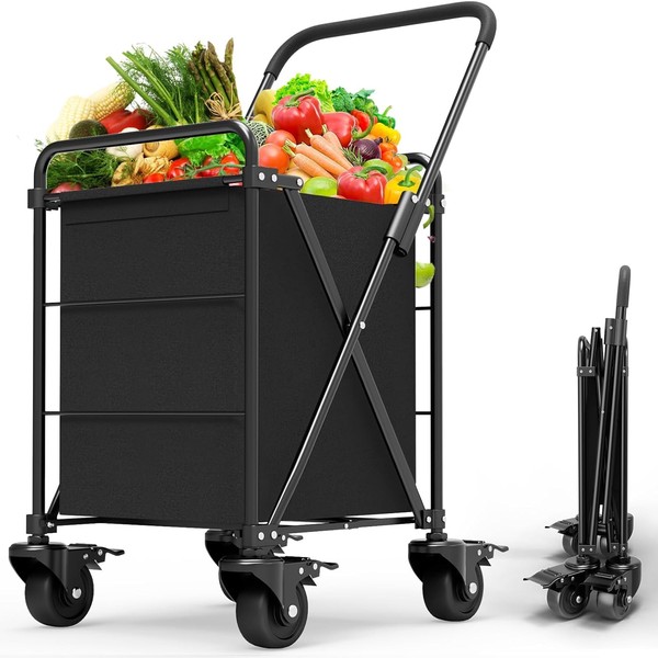 Folding Shopping Cart for Groceries, Grocery Cart on Wheels, 360°Rolling