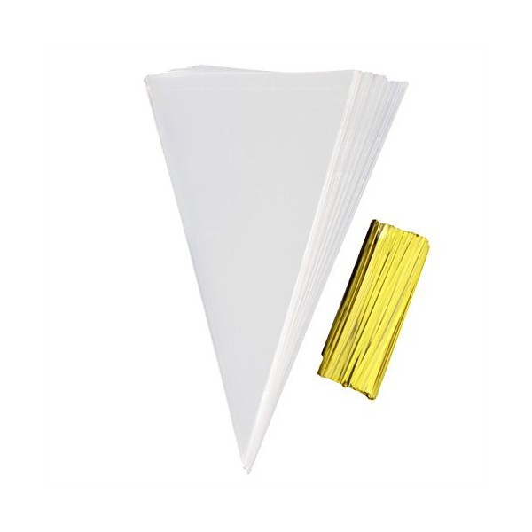 GOETOR Cone Bag 200 PCS Clear Cello Treat Bags 6.3 by 12.2 Inch Gift Wrap Cellophane Bags Triangle Goody Bags with Twist Ties for Favor Christmas Popcorn Candies Handmade Cookies