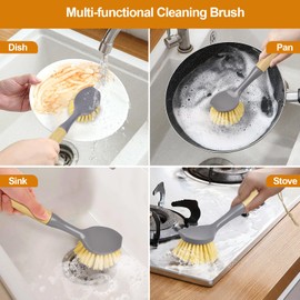 UEDAI 2 Pack Kitchen Dish Brushes with Bamboo Handle and Built-in Scraper for Cleaning Pans, Pots, Sink and Counter