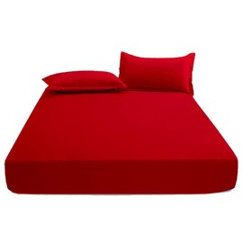 KHIM 100% Cotton 25CM/10inch Deep Fitted Sheet Single, Double, King & Super King Bed Sheets (Red - Single)