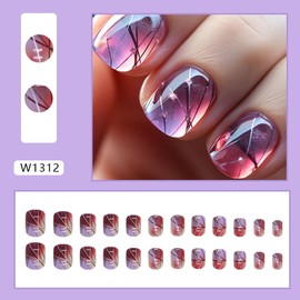 Spring Glass Press on Nails Extra Short Square Fake Nails Starry Purple False Nails with Crack Texture Design Acrylic Nails Glossy Glue on Nails Full Cover Stick on Nails for Women 24 Pcs
