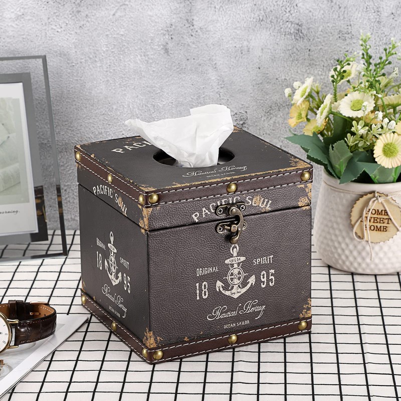 BTSKY Wooden + PU Retro Household Office Cube Square Tissue