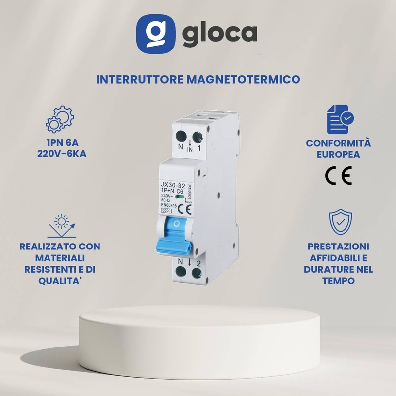 gloca Interruttore Magnetotermico Automatico 1P+N 6A 220V 6KA 1 Modulo