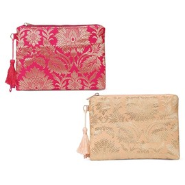 LONGING TO BUY Indian Jewelry Silk Purse Pouch Gift Bags Size 7 x 5 Inch (Pack of 2 (Peach & Magenta))