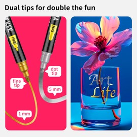 6 Gold & Silver Acrylic Paint Pens, Dual Tip Acrylic Paint Markers (Fine 1mm + Dot 5mm), Acrylic Markers for Rock, Fabric, Canvas, Glass, Wood, Paper, DIY, Ceramic, Paint Markers for Kids and Adults