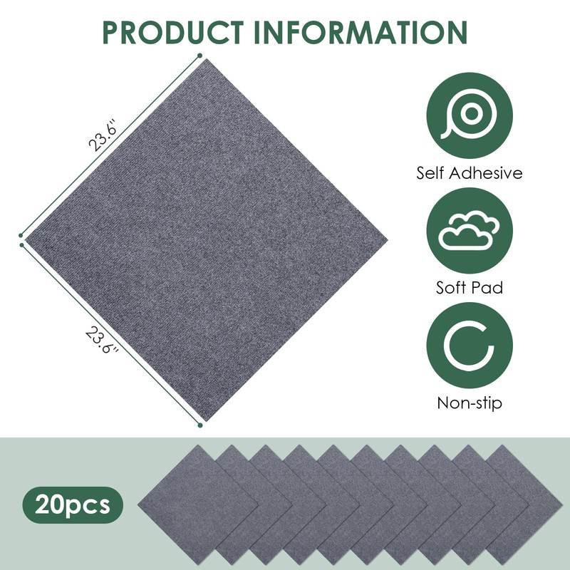 VallisCo Carpet Tile 20 Pack 24” X 24” Self Adhesive