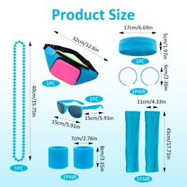 80s Workout Outfit for Women, 10 Piece Blue 80s Accessories for Women, Blue Leg Warmers, 1980s Neon Retro Fanny Pack,Headband, Sunglasses, necklace, Earrings for Vintage Theme Party Yoga Running