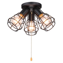 Farmhouse Close to Ceiling Light with Pull Chain, 3 Lights Black Industrial Semi Flush Mount Pull String Ceiling Fixture Rustic Metal Wire Cage Light, 12 inch, Oil Black, UL Listed
