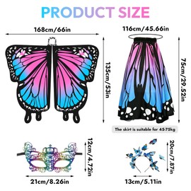 Butterfly Costume Women, Double-Sided Print Butterfly Wings Adult Set with Skirt Women, Butterfly Headband, Mask, Fairy Wings Adult Butterfly Costume Woman for Carnival, Fancy Dress