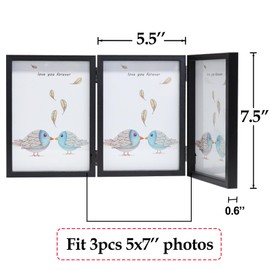 TOFOREVO 5x7 3 Picture Frame Triple Wooden Three Hinged Photo Frame Definition Glass Stand Vertically on Desktop or Tabletop Black