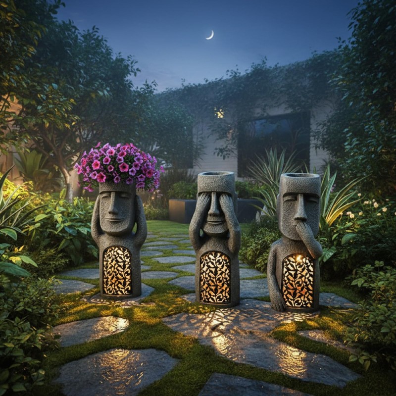 Whbbbj Easter Island Head Sculpture, Moai Statue Planter, Moai Solar