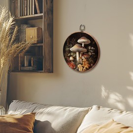 iEFEY Cottagecore Moss Mushroom Wall Decor, Vintage Moody Dark Academia Woodland Mushroom Hanging Framed Canvas Wall Art, Rustic Forest Agaric Decorations for Home Living Room 10"x10"