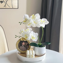 JEVA Artificial White Phalaenopsis Orchid Flower+White Pot Arrangements Faux Orchid Flower Centerpiece for Dining Room Table