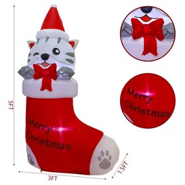 Juegoal 5 FT Christmas Inflatables Outdoor Decorations, Inflatable Kitten in Xmas Stocking, Lighted Blow Up Cat Standing on Christmas Socks with Built in Lights for Holiday Lawn Yard Garden Decor