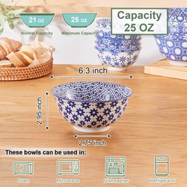 AntoKueh 6 inches Blue and White Ceramic Bowls, 25Oz Deep Cereal Porcelain Bowls set of 6, Large Soup Bowls for Salad, Fruit, Vintage