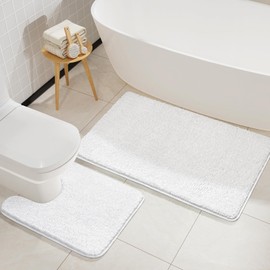 LOCHAS Bathroom Rugs Sets 2 Piece, Soft Non Slip Bath Mat Set, 20''x20'' U-Shaped Toilet Rug and 34''x21'' White Bathroom Rugs, Washable Absorbent Chenille Toilet Rug Set for Bathroom, Shower, Sink