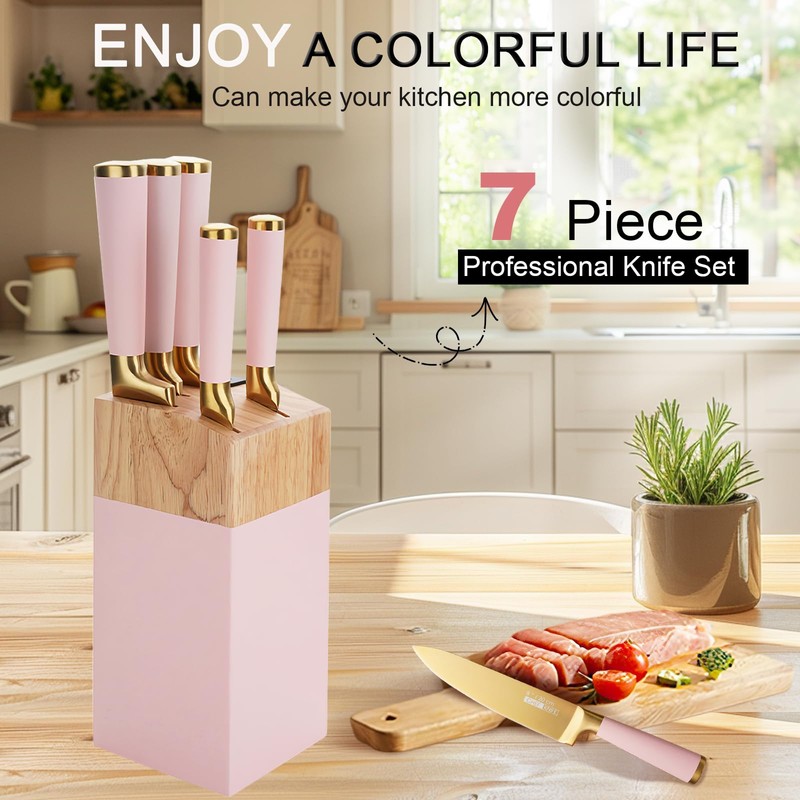 Kitchen Knife Set with Block and Sharpener, 7-Piece Knife Set