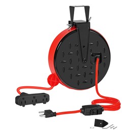 WILAWELS 30 Ft Retractable Extension Cord Reel, 16/3 Gauge SJTW Power Cord with 3 Electrical Outlets Pigtail for Garage and Shop, 10 Amp Circuit Breaker, Metal Plate, UL Listed, Red R30CR06