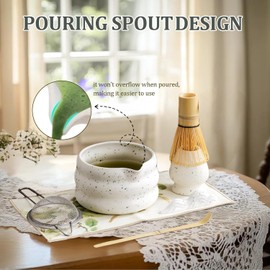 Matcha Whisk Set, Ceramic Matcha Set Includes Matcha Bowl, Matcha Whisk and Holder, Bamboo Scoop, Scoop Rest, Sifter and Tea Towel - 7 Pcs Matcha Kit for Matcha Lovers (White)