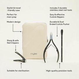 Mylee Manicare Kit – Three Professional, Sleek, Matte Black, Stainless Steel, Salon-Quality Nail Tools In One Stylish Case – Includes Cuticle Nippers, Small Nail Clipper & Dual-Ended Cuticle Pusher