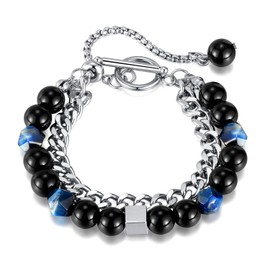 Rockyu Men's Bracelet, Stylish, Double Chain, Stainless Steel, Natural Stone, 6.7 x 2.4 inches (170 + 60 mm), Unique, Hip Hop Accessory, Gemstones