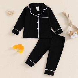 MAHUAOYIXI Toddler Baby Girl Boy Solid Pajamas Sets Long Sleeve Lapel Neck Button Down Shirts Tops with Elastic Waist Long Pants Sets 2Pcs Sleepwear Loungewear Nightwear (Black, 4-5 Years)