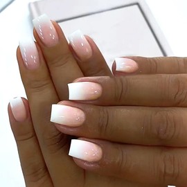 WAFOLOZE Nails Press ons, Square Press on Nails Medium Girls Fake Nails with Light Pink To White Ombre Design, Acrylic Artificial False Nails Press On Glue On Nails for Women
