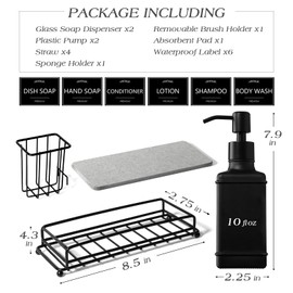 VIMERPA Dish Soap Dispenser with Adjustable Sponge Holder, 10 fl oz Kitchen Hand and Dish Soap Dispenser Set, Matte Black Bottle and Vintage Design