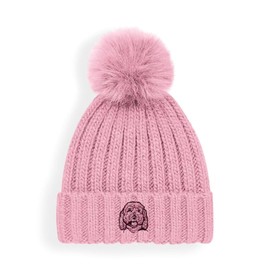 The House Of Dog Cockapoo Owner Gift. Faux Fur Pom Pom Chunky Knit Super Soft Unisex Embroidered Beanie Hat Pink