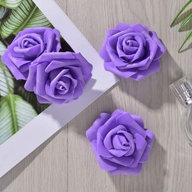 IPOPU Artificial Rose Flower Heads, 100 Pcs Real Looking Purple Foam Fake Roses for DIY Wedding Baby Shower Centerpieces Arrangements Party Tables Home Decorations (Purple 1, Stemless)