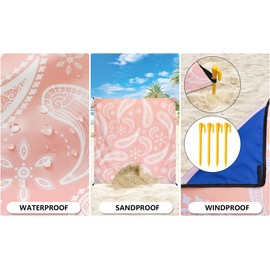 HIHOHO Beach Blanket Waterproof Sandproof Extra Large Beach Mat 79"" X 83""/120""x108""for 1-8 Adults Quick Drying Durable Outdoor Picnic Mat for Beach Travel Camping Hiking, Paisley-pink