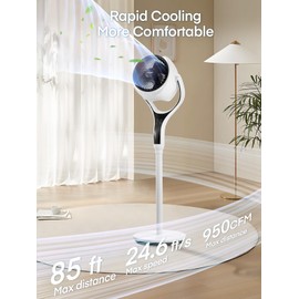 FOHERE Pedestal Fan for Bedroom, Air Circulator Quiet Floor Fans with 120° Omni-Directional Oscillating, 85ft, Remote Control, 12 Speeds, 3 Modes, 12H Timer, RGB Lights, Standing Fan for Home Office
