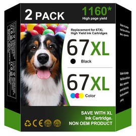 67XL 67 Ink Cartridges Black/Color Combo Pack for HP Ink 67 67 XL for Deskjet 2732 2752 2725 2755e 4155e 4158e Envy 6055 6075 6452 6458 6475 6455 6455e 6055e 6065e Printer 2 Pack