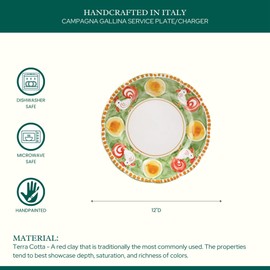 Vietri Campagna Gallina 12" D Hand-Painted Service Plate/Charger – Green, Terra Cotta, Dishwasher & Microwave Safe
