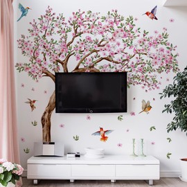 Runtoo Large Tree Wall Decals Pink Cherry Blossom Floral Wall Stickers for Nursery Living Room Bedroom Decor