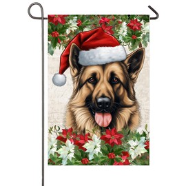 Christmas German Shepherd Dog Garden Flag for Outside 12x18 Inch Double Sided Poinsettia Santa Hat Dog Small Burlap Yard Flags Outdoor Home Farmhouse Front Porch Decor Seasonal Holiday Yard Sign