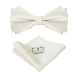 HOULIFE Men's Bow Tie Set - Adjustable Pre-tied Bow Tie Made of Satin Polyester, Plain Pocket Square, Cufflinks Set for Groom, Wedding, Formal with Gift Box