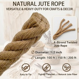 1/2 Inch x 100 Feet Natural Jute Rope, 4-Strand Twisted Hemp for Indoor Outdoor Use, Manila Rope for Home Decor, DIY Crafts, Nautical Decoration, Gardening