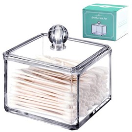 Modern Square Qtip Holder Acrylic Bathroom Vanity Countertop Storage Organizer Canister Jar for Cotton Swabs, Rounds, Balls, Makeup Sponges, Bath Salts - 1 Pack - Clear