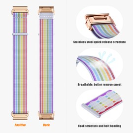 NotoCity 20mm Quick Fit Strap for Garmin Fenix 5s Fenix 6s Fenix 7s,Soft Nylon Velcro Strap for Fenix 5S Plus,Fenix 6S Pro,Instinct 2S,Descent Mk2S（Rose Gold Buckle-Rainbow）