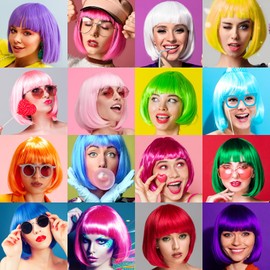 8 Pack Colored Bob Wig with Heart Sunglasses Hair Cap for Women, Halloween Costume Funny Neon Wigs with Bangs Cosplay Hairpieces for Wedding Photography Bachelorette Theme Party Favors