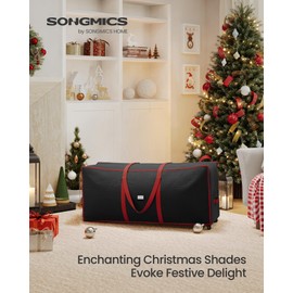 SONGMICS Christmas Tree Storage Bag with 1.6-Inch Wheels, Rolling Storage Bag, up to 7.5 ft, For Disassembled Holiday Tree, Length-Adjustable Handles, 600D Oxford Fabric, Ink Black URXS004B02
