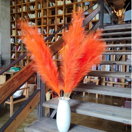 penepico Faux Orange Pampas Grass Decor Tall, 8pcs 43.3" Large Pompas Floral, Fluffy Artificial Fake Long Feather Flowers for Boho Wedding Bedroom or Living Room Decor