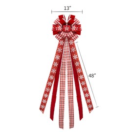 GOGOSY Christmas Tree Topper Bow,48''x 13'' Large Velvet Christmas Wreath Bows Xmas Ornaments with Long Plaid Streamer Wired Edge Ribbon for Farmhouse Christmas Decoration (Red)