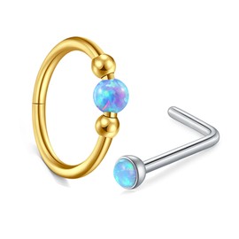 MODRSA 18g Opal Nose Ring Opal Nose Stud L Shaped Opal Nose Hoop Clicker Gold Nose Rings for Women Cartilage Hoop Earring Cartilage Hoop Helix Hoop Earring Opal Blue Daith Earring Hoop 8mm