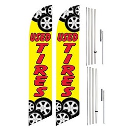 Windless Swooper Flag & Pole Kit Twin Pack USED TIRES Yellow Red with Tire Pics